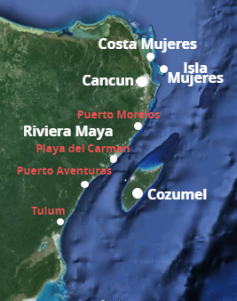 Map of Mexico and Mexican cities near Cancun. 